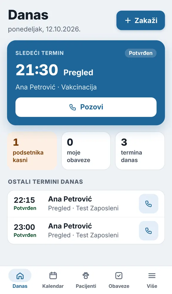 Aplikacija za veterinare na telefonu: ekran Danas sa sledećim terminom