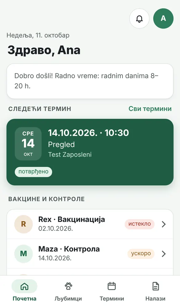 Početna: predstojeći termini i vakcine